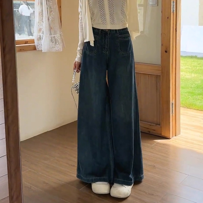 深蓝色复古直筒牛仔裤女胖mm大码2025秋季新款宽松慵懒风阔腿裤子