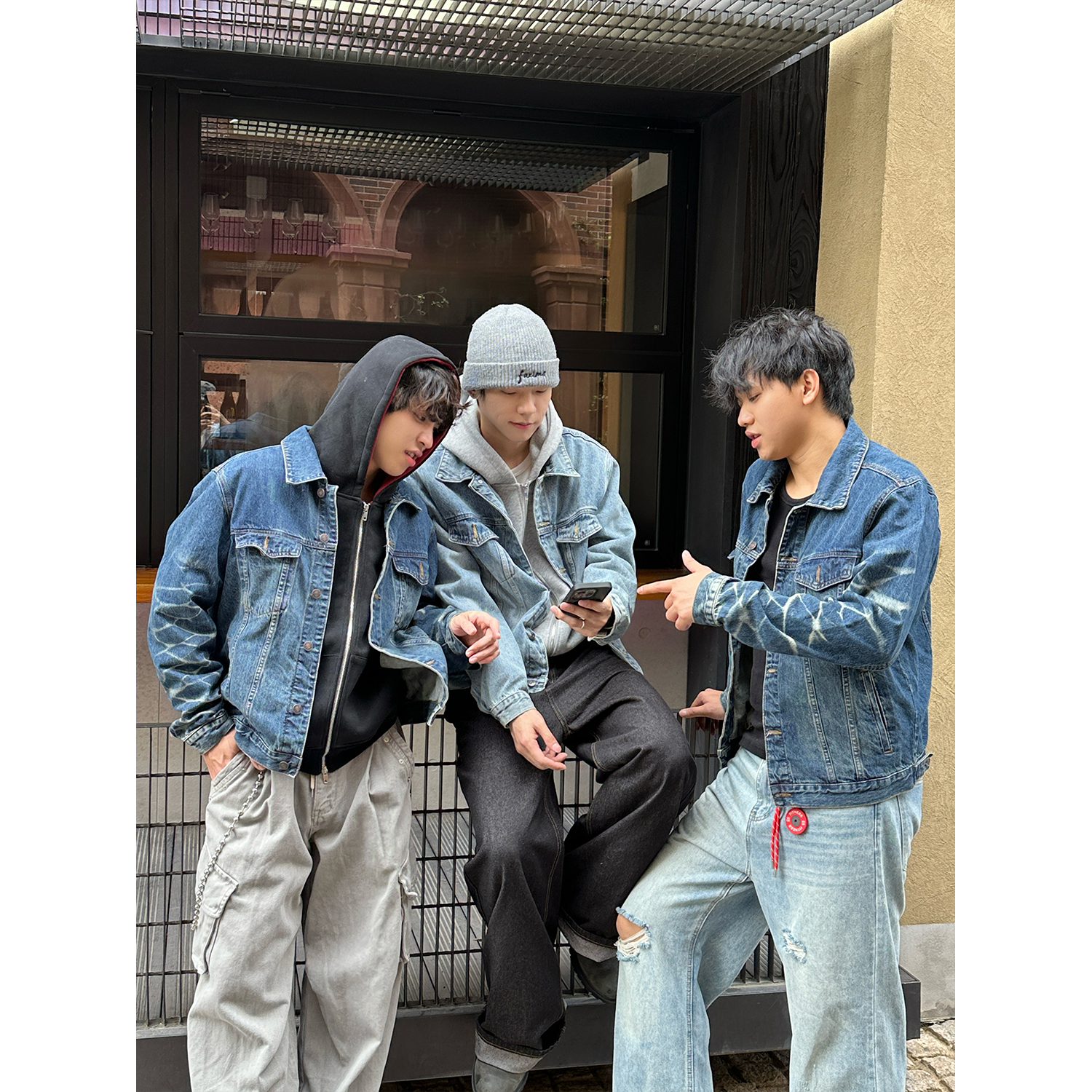 Faxims Store工装牛仔外套男美式复古水洗潮牌青少年宽松休闲夹克