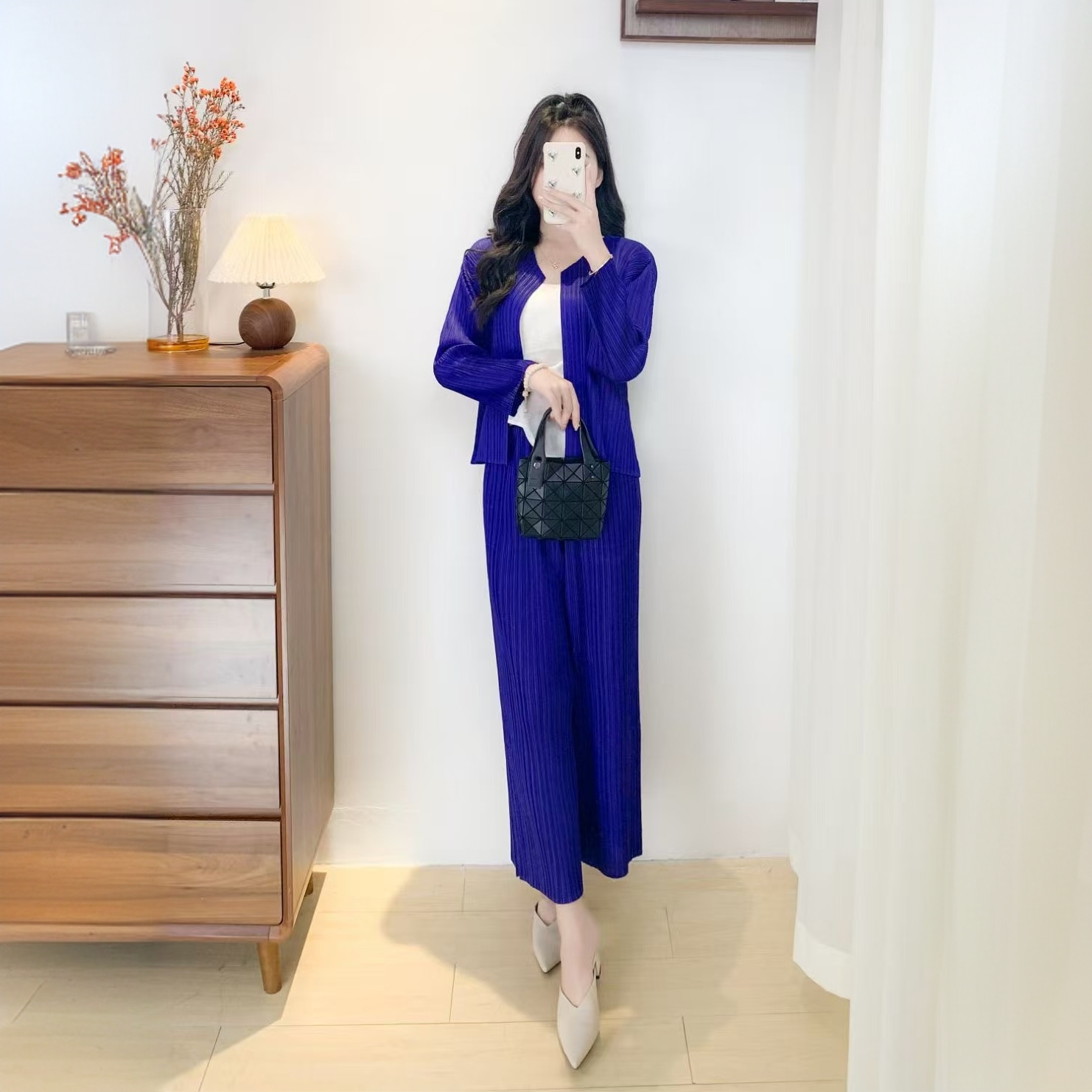 三宅褶皱春季新款纯色百搭休闲直筒裤修身显瘦气质时尚裤子