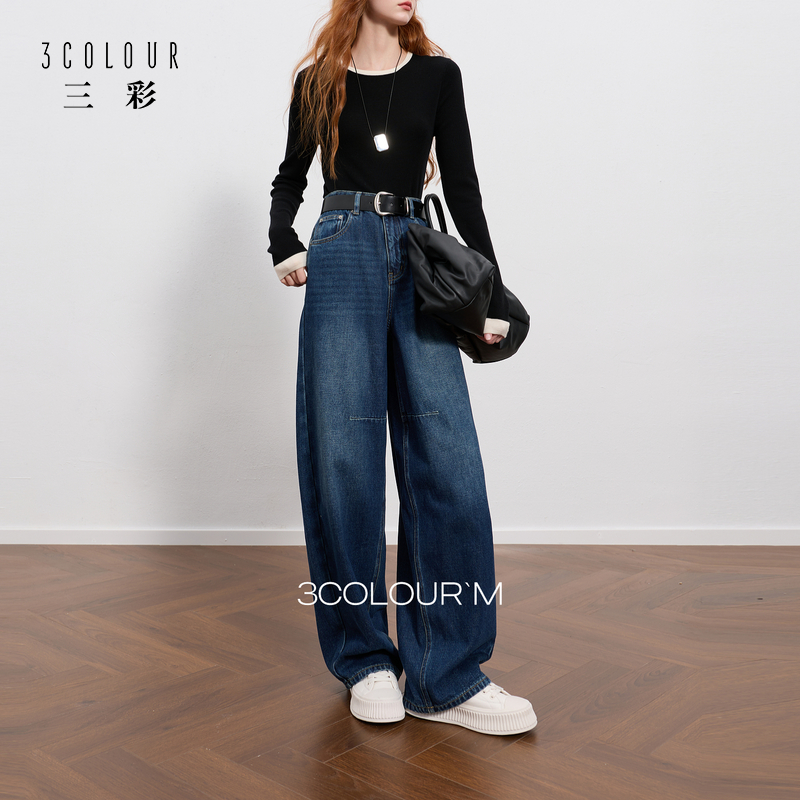 三彩2025秋冬季新款一体绒磨毛收腰牛仔裤休闲宽松镰刀裤长裤女M