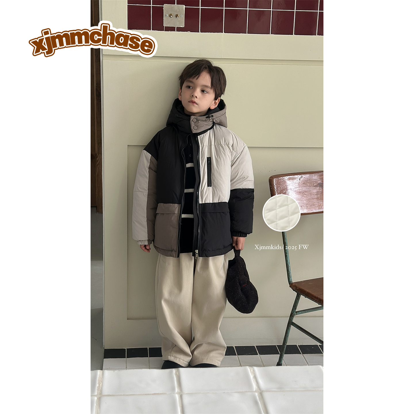 虾酱麻麻男童棉服冬装2025新款男孩上衣撞色连帽保暖儿童棉袄外套