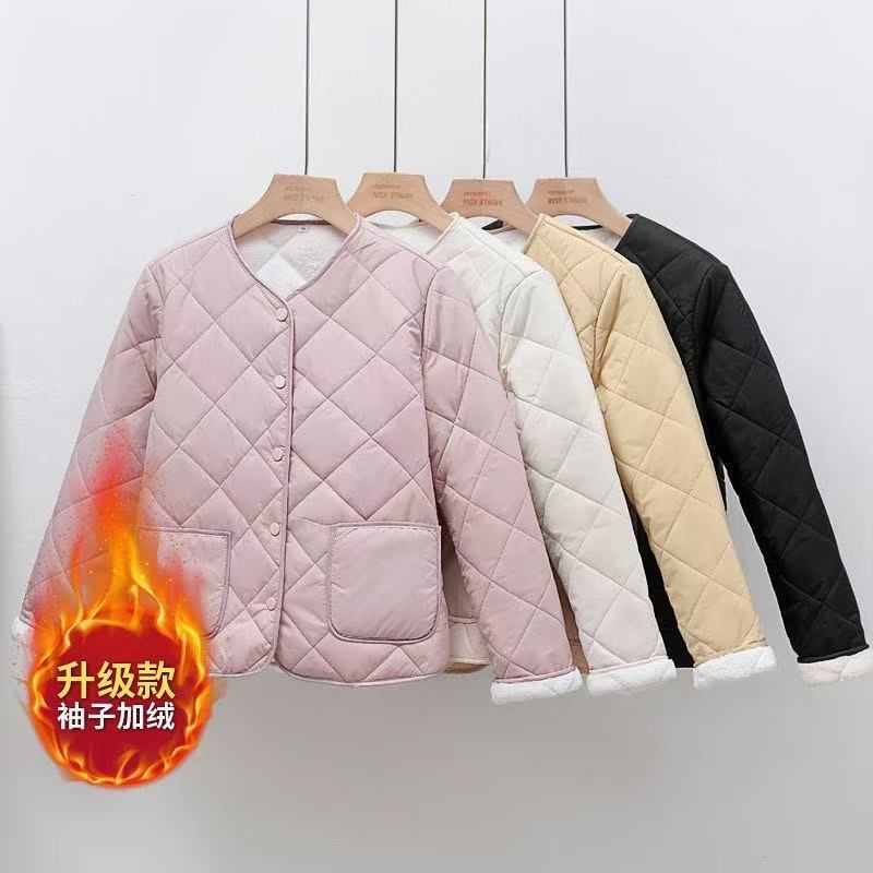 妈妈宽松棉服短款常规外套上衣加绒加厚款保暖厚款菱形棉服棉衣