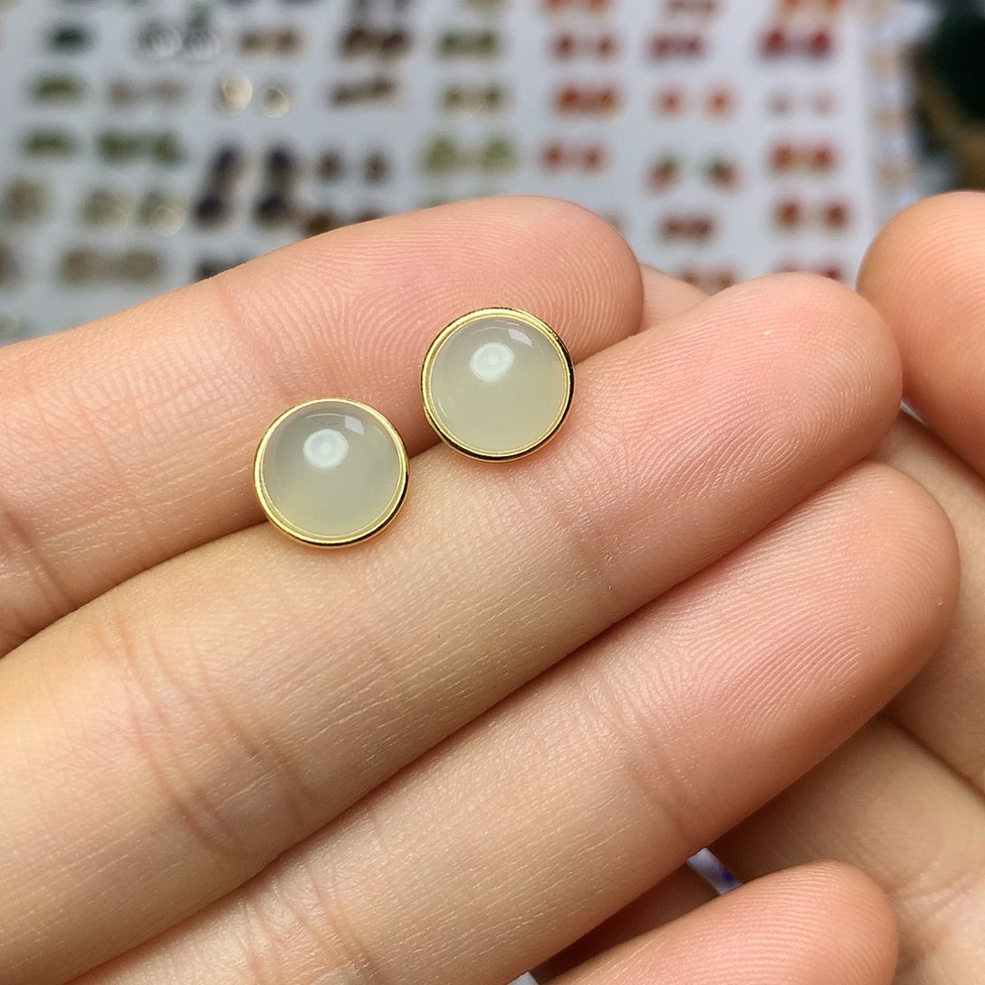 银S925镀金镶嵌和田玉（青白玉）耳饰