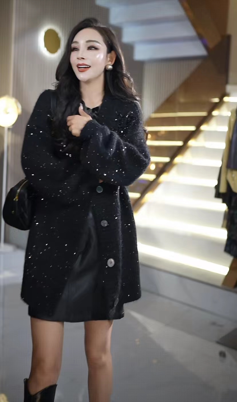 长袖毛针织衫百搭开衫宽松版加厚钉珠星空女士中长款外套W2+9069