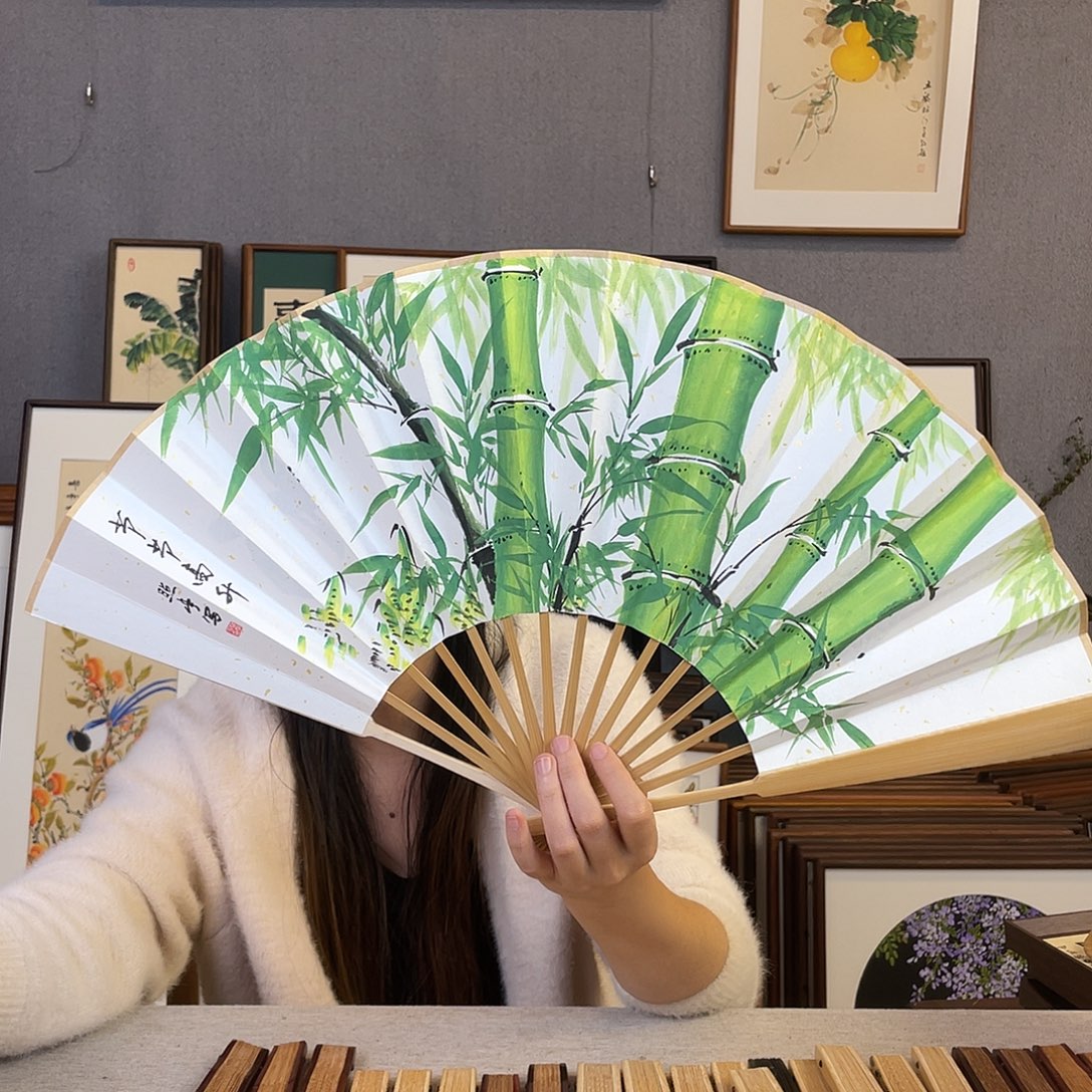 国画10寸玉竹-纯手绘-文玩扇骨（默认粘好）