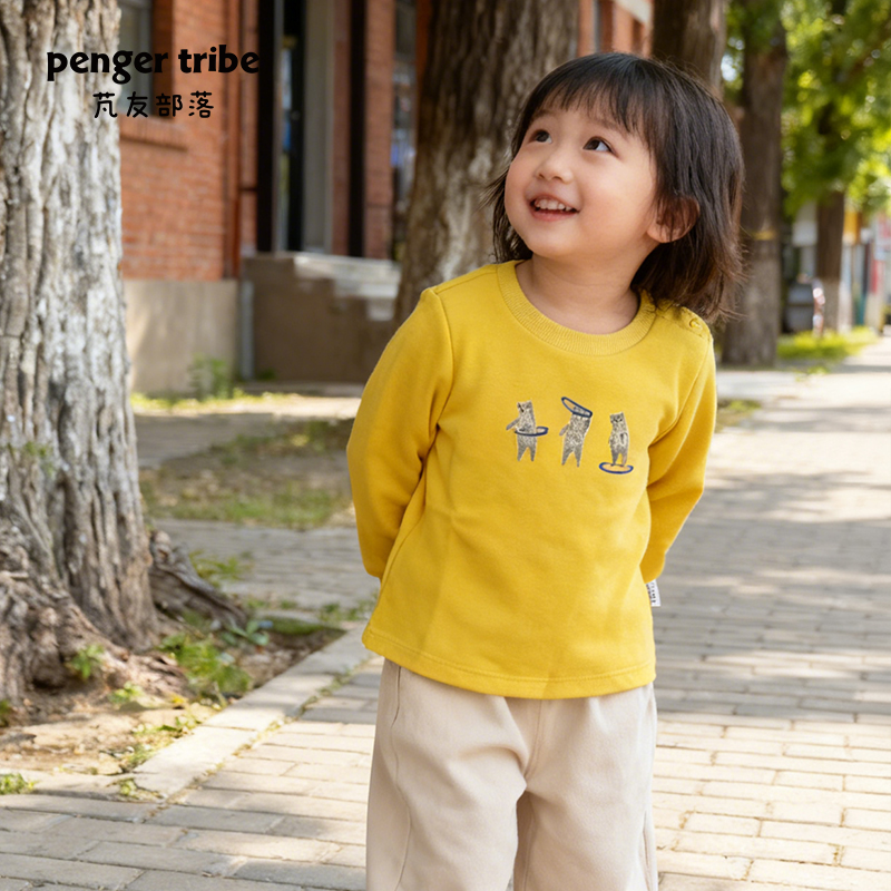 小童-印花加绒圆领套头卫衣加厚保暖绒毛