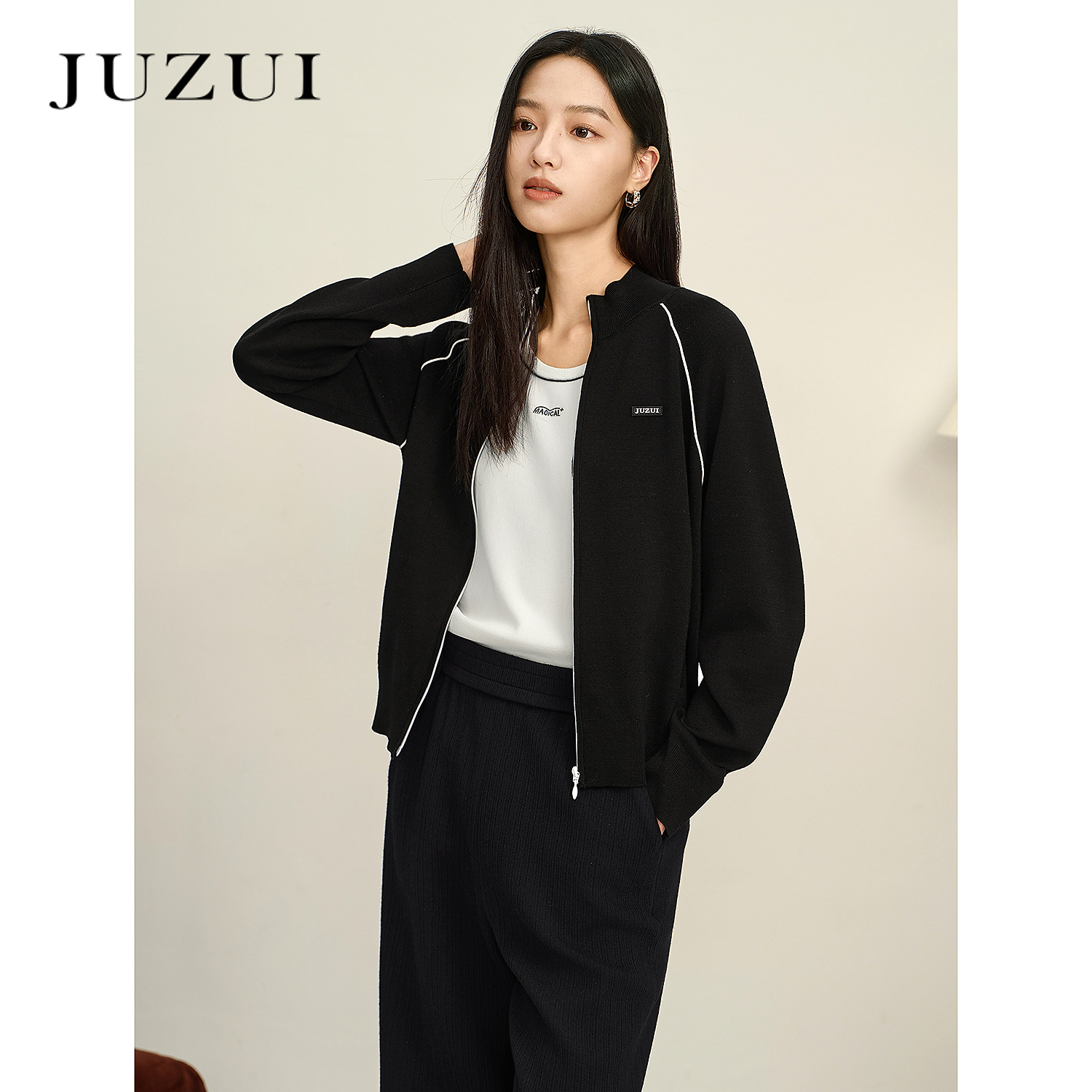 JUZUI玖姿休闲立领100%羊毛针织衫女2025秋季新款JWFQ30619