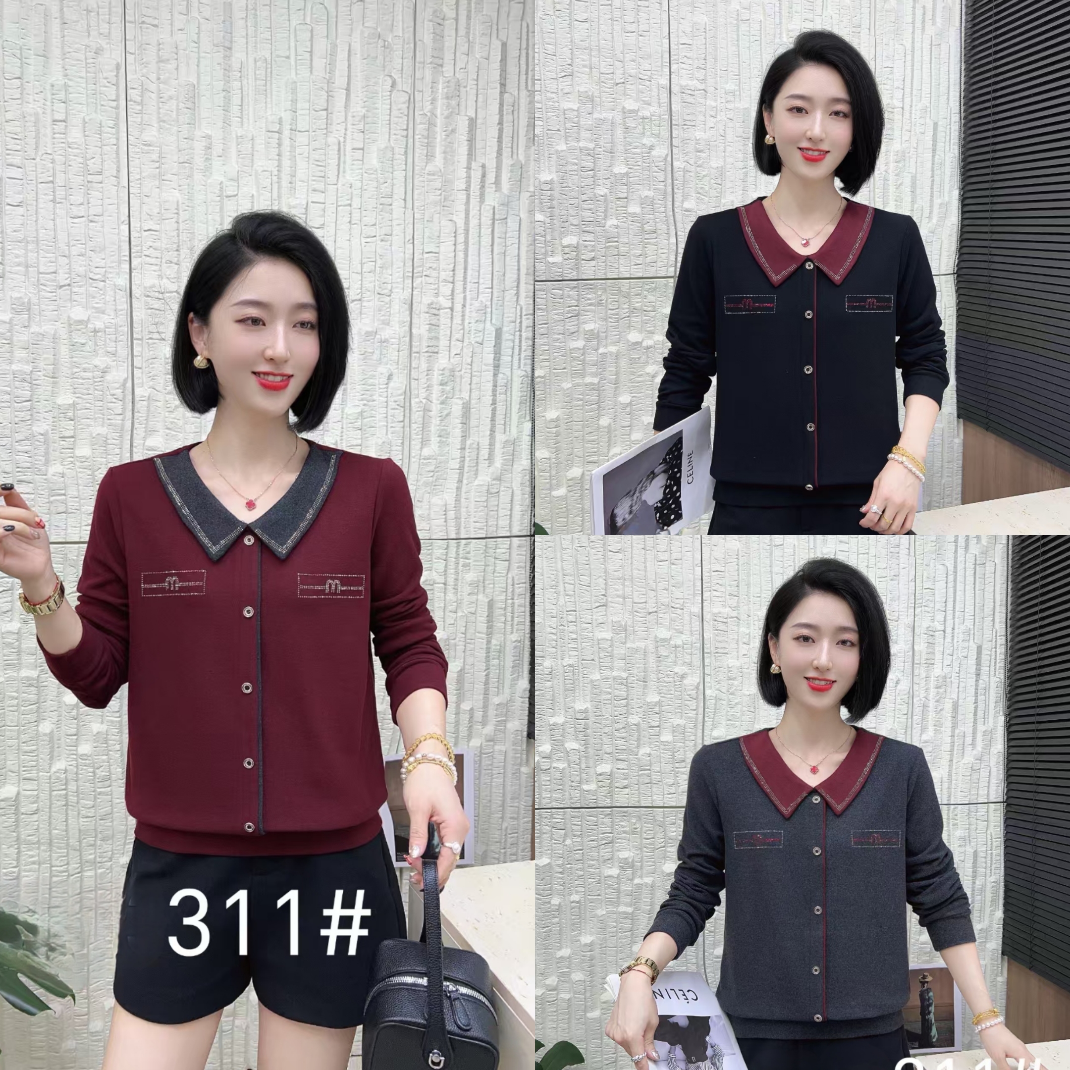 中老年女装方领长袖压钻妈妈衫