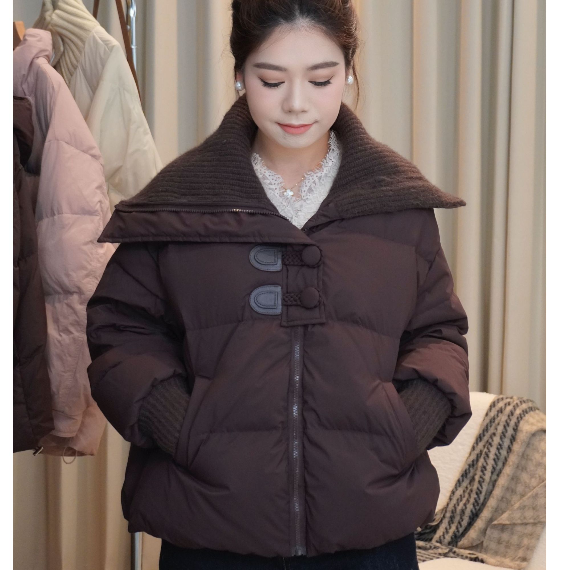 【大翻领】大码羽绒服90白鸭绒女200斤胖mm宽松显瘦短款针织大翻领