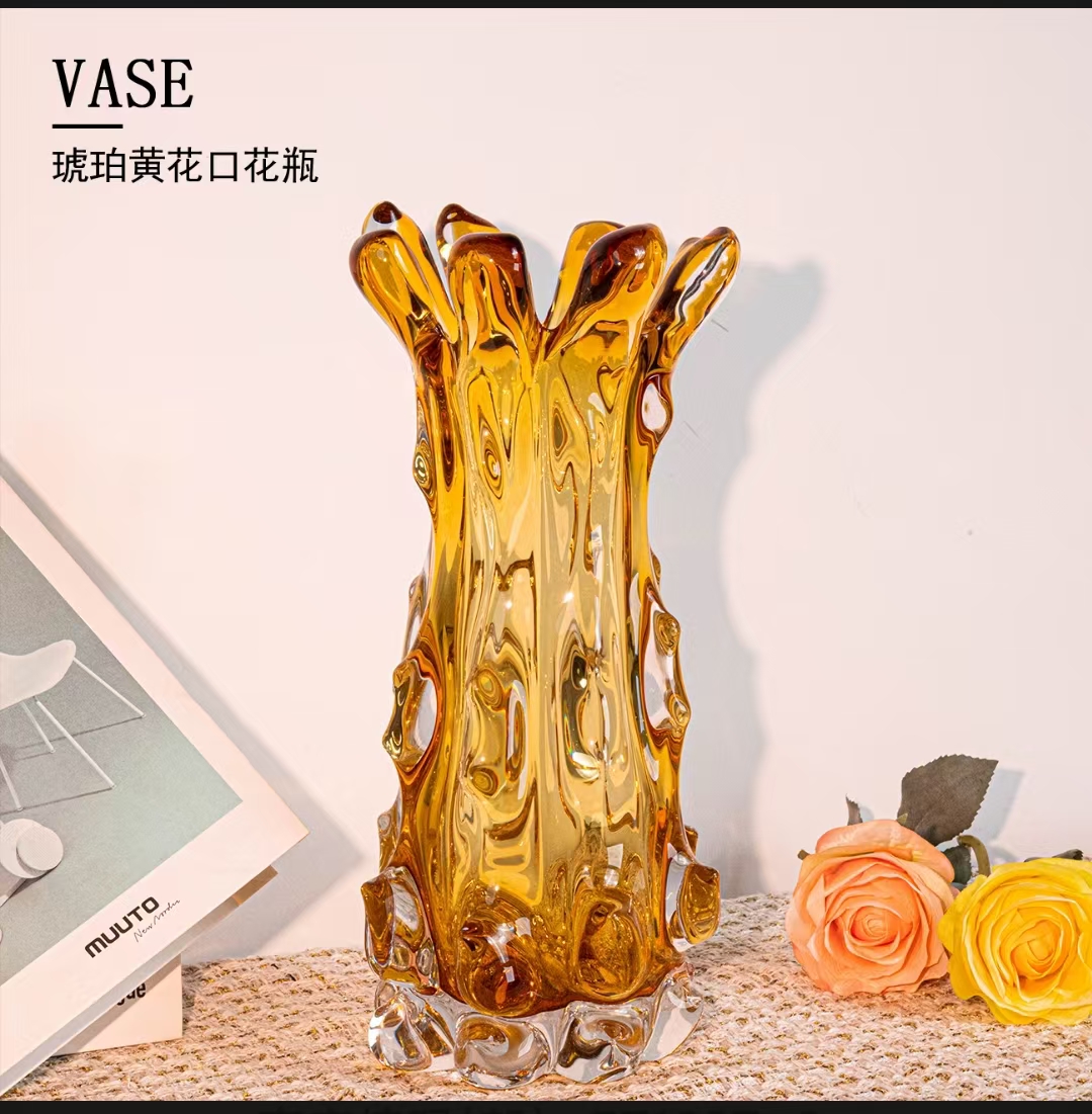 [豆豆]J168时尚简约轻奢琥珀熔岩花口琉璃鲜花花瓶客厅时尚摆件