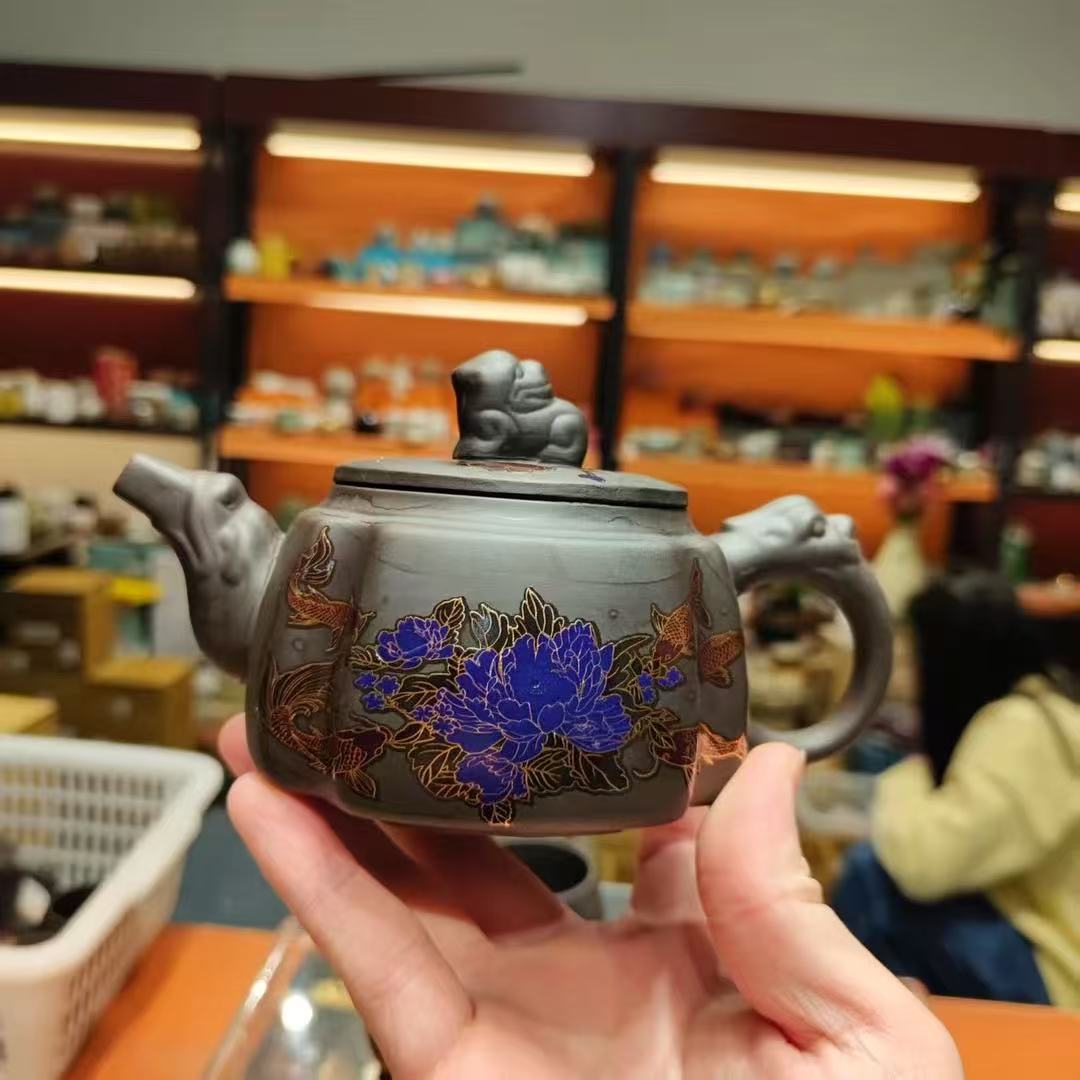 秋香茶具 黑泥金玉满堂四方变色壶- 3159