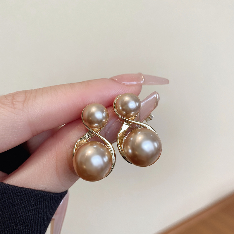 铜合金亚克力耳饰 925银针香槟色珍珠耳环女轻奢大气耳坠法式复古