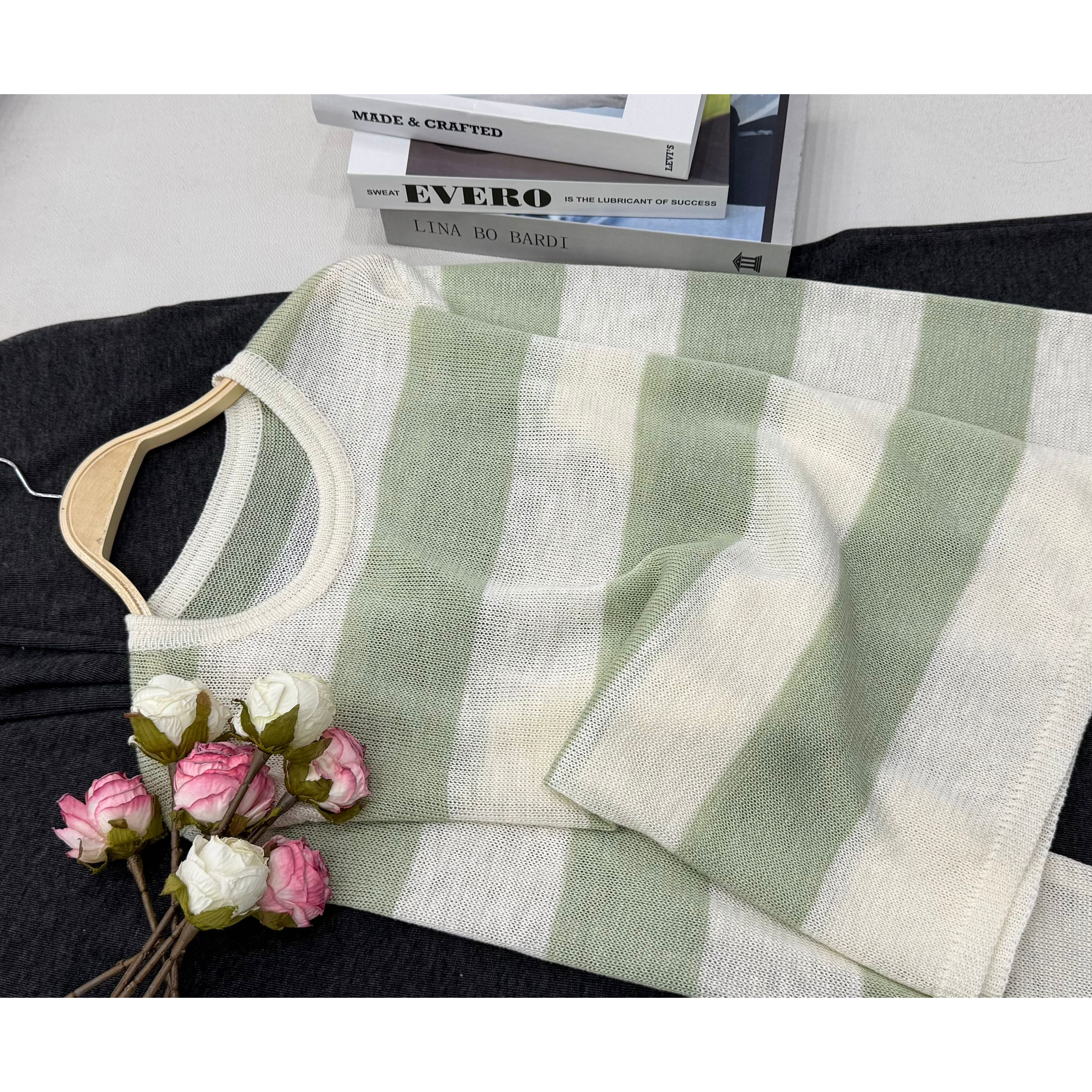 【绿色条纹】夏季新款时尚套头长袖针织衫QC2581