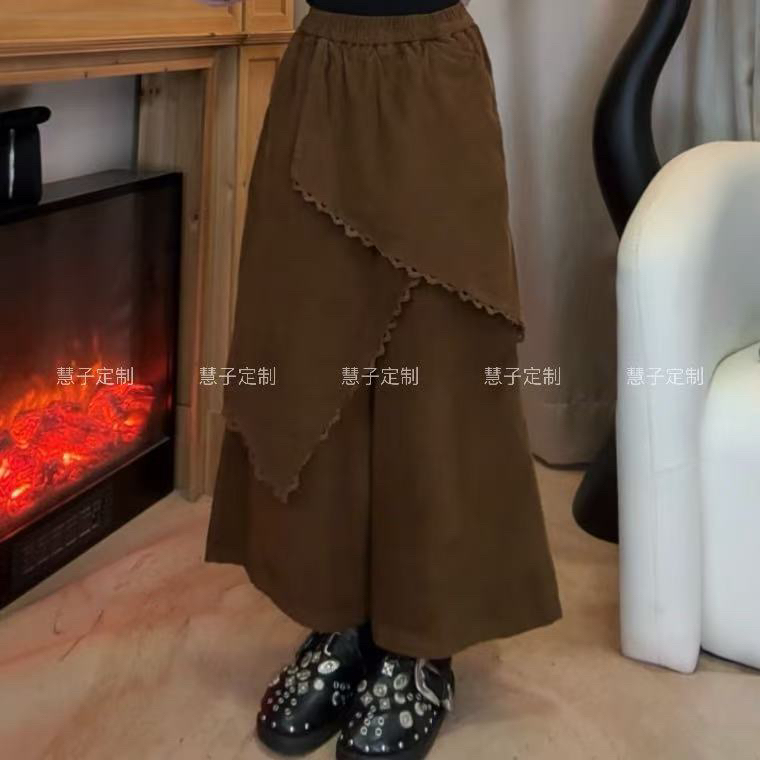 慧子"艺术生-灯芯绒"秋冬精致小蕾丝边不规则宽松九分阔腿裙裤