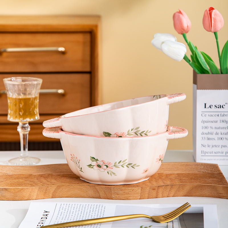 家用陶瓷釉下彩耐高温高颜值珊瑚海双耳10英寸南瓜型加大加深汤碗