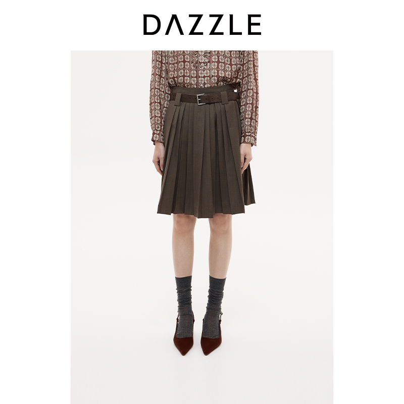DAZZLE 地素25秋新款绵羊毛混纺精纺压褶半裙2J3S208