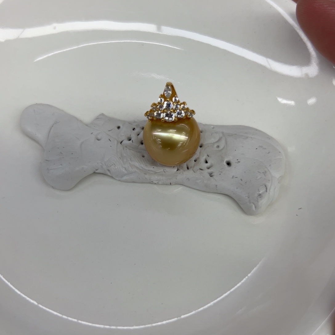 银S925镶嵌吊坠(不含链)海水珍珠13-14mm金珠吊坠