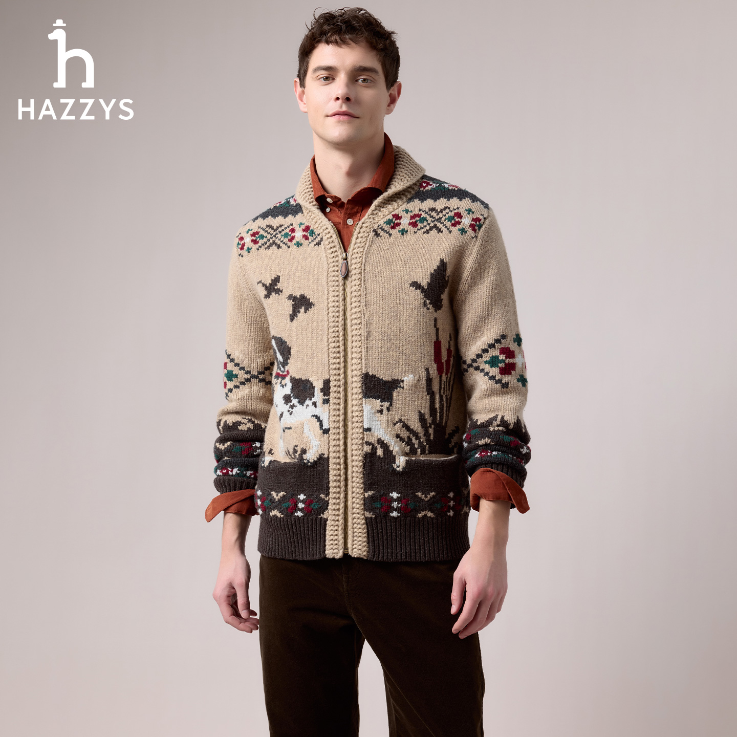 【商场同款】HAZZYS哈吉斯秋冬季羊毛衫外套时尚休闲针织开衫毛衣
