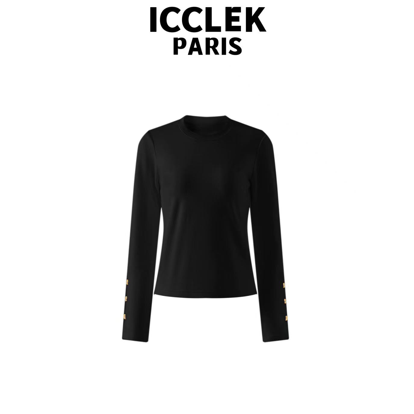 ICCLEK 时尚轻奢白色圆领金扣长袖针织名媛气质百搭秋冬上衣-9291