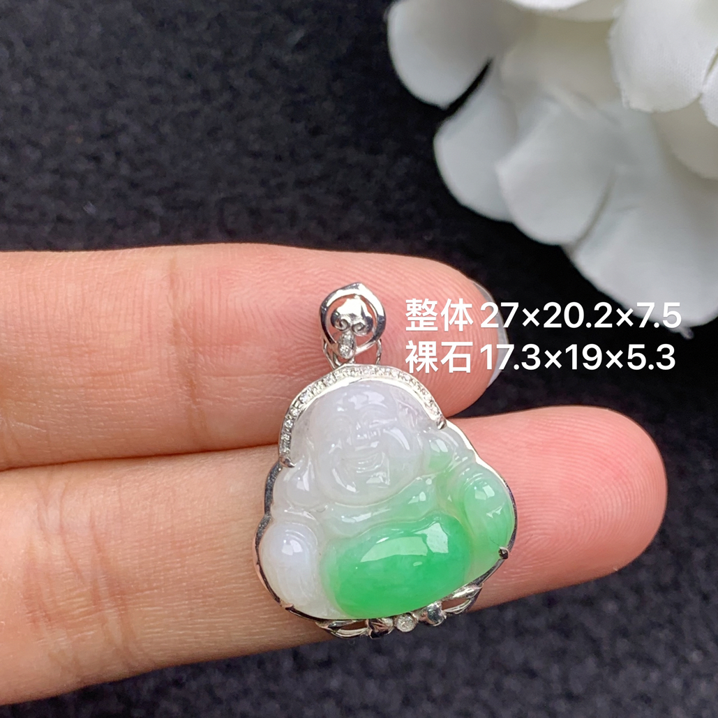 18k金镶嵌天然缅甸翡翠阳绿佛公吊坠27×20.2×7.5/17.3×19×5.3