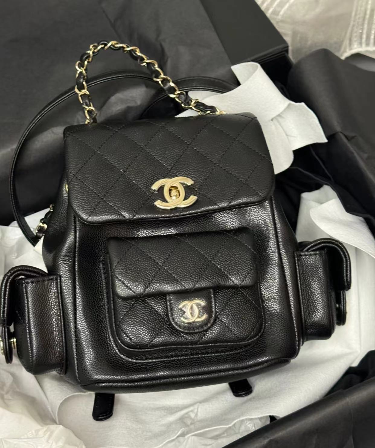 99新 Chanel/香奈儿 黑金鱼子酱cargo坦克双肩包 18282129