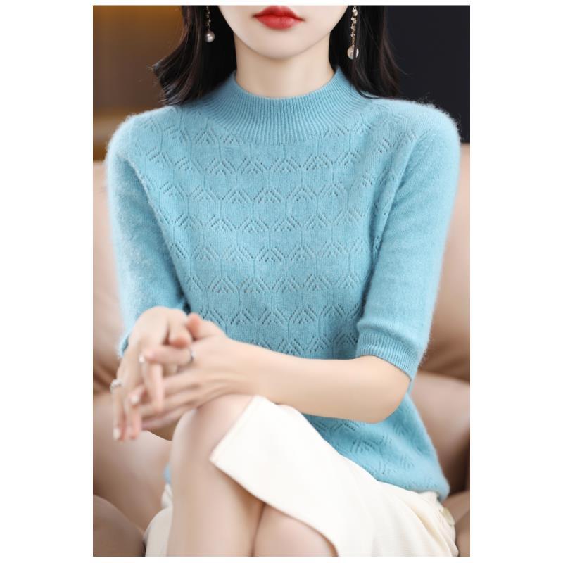 100%纯羊毛一线成衣半高镂空五分袖羊毛上衣D158