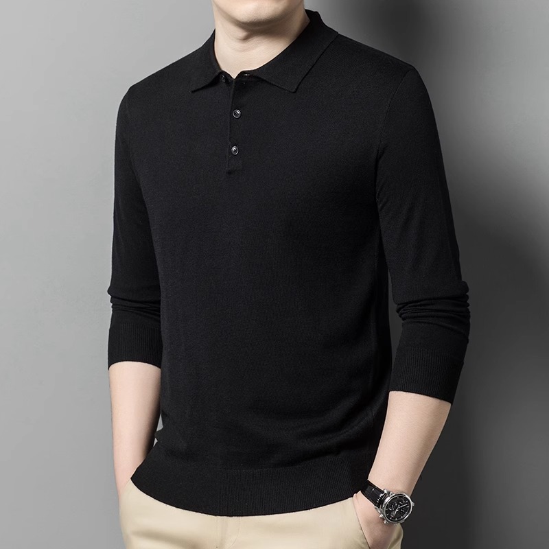 横元祥 羊毛针织POLO衫男士春秋长袖休闲薄款纯色商务翻领