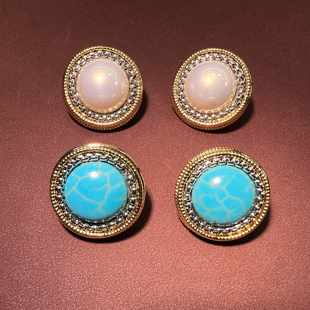 铜合金亚克力耳饰 法式赫本风高亮圆形耳钉 vintage复古高级轻奢