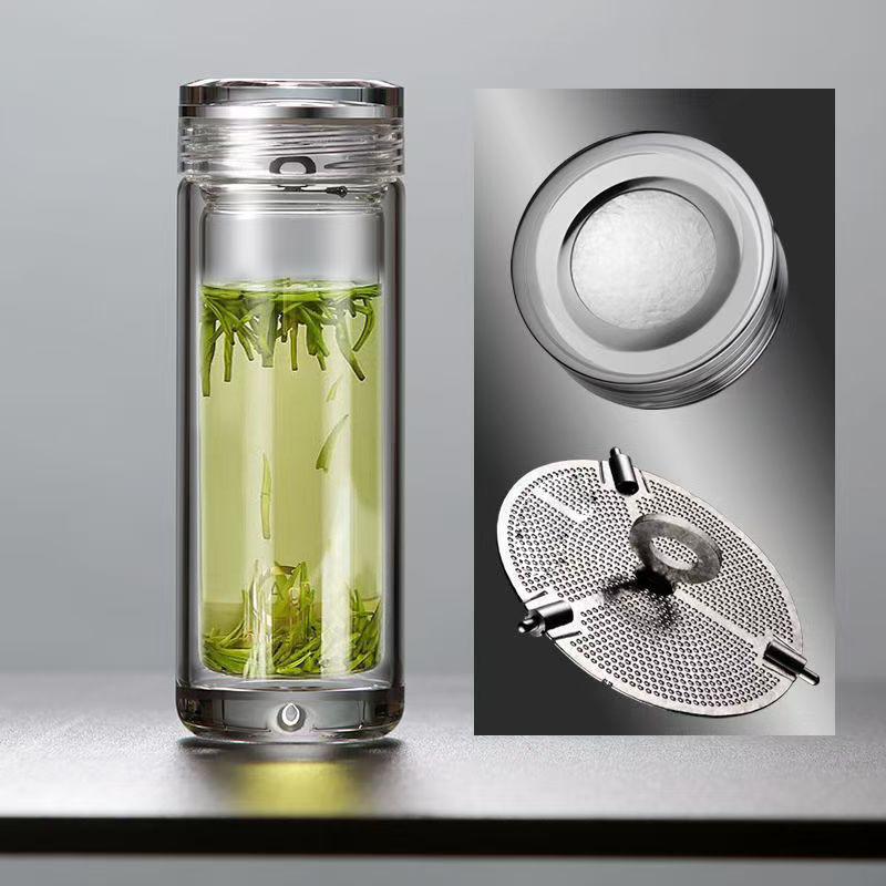 高档双层玻璃杯耐热车载水杯家用透明带盖大容量泡茶杯玻璃水杯