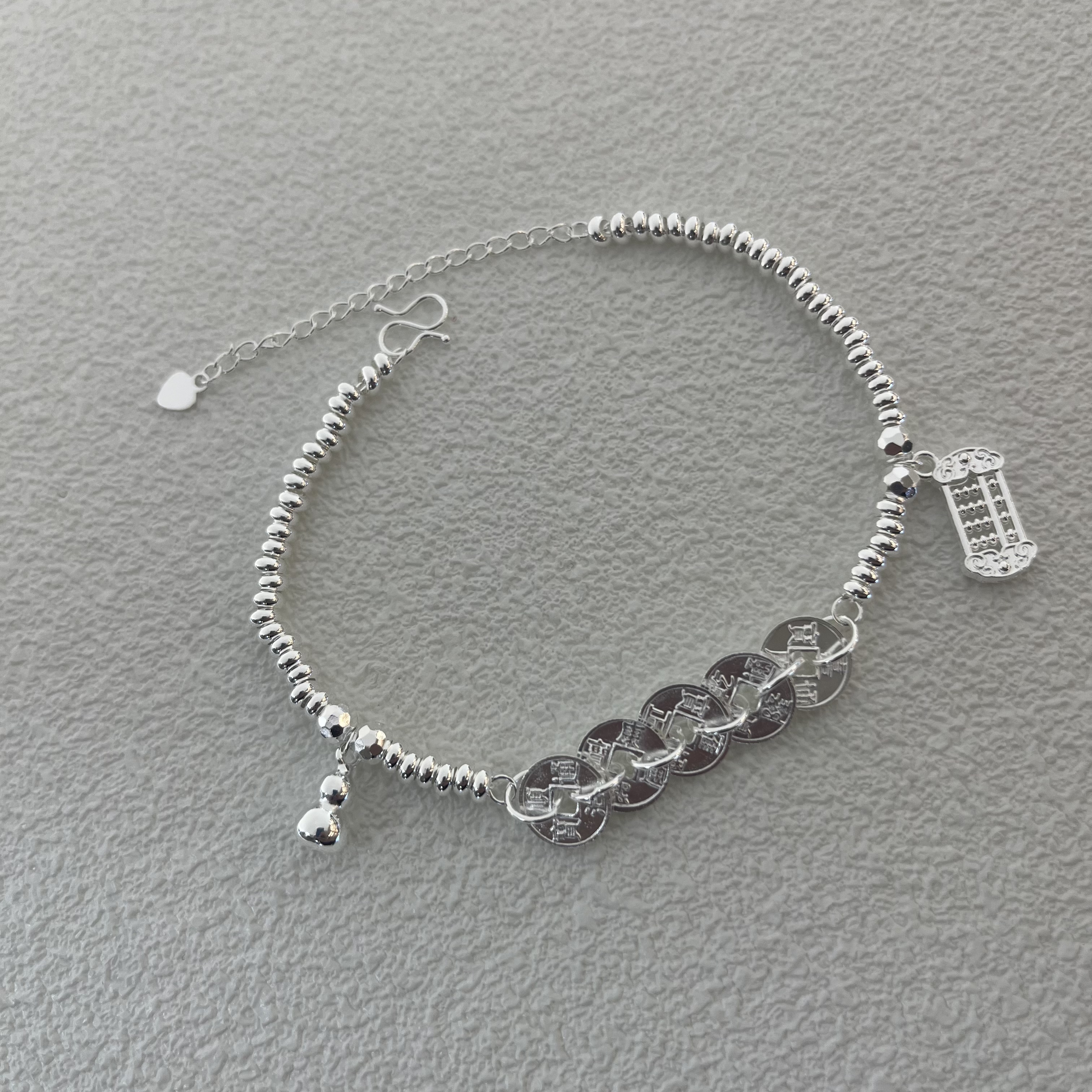 足银脚链  民族风葫芦算盘五帝币脚链