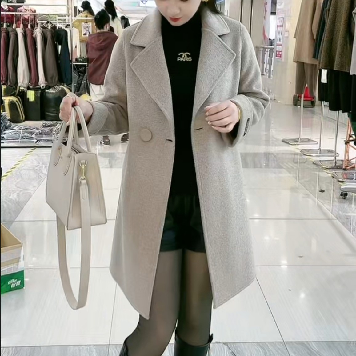 JJ秋冬新款加厚中长款韩版时尚百搭双面大衣女显瘦外套6932