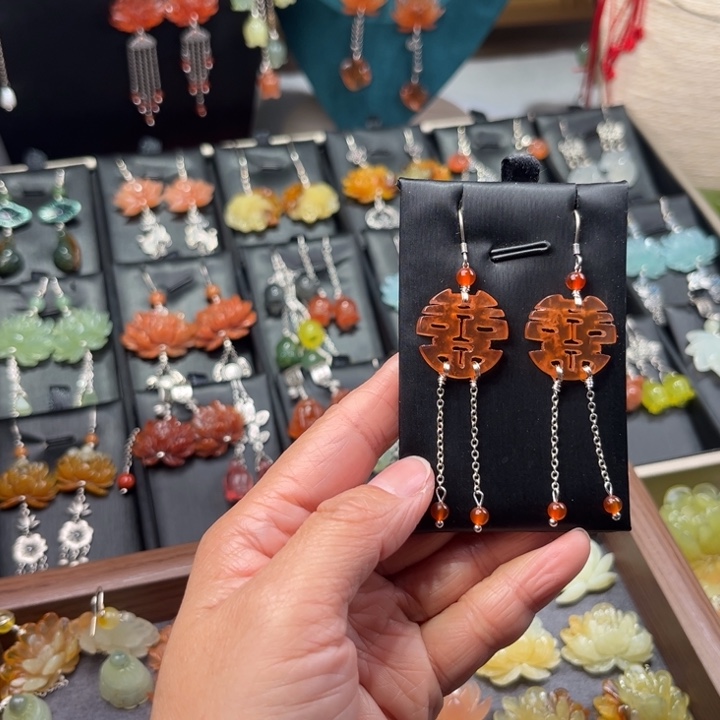 蛇纹石玉耳饰银S925镶嵌