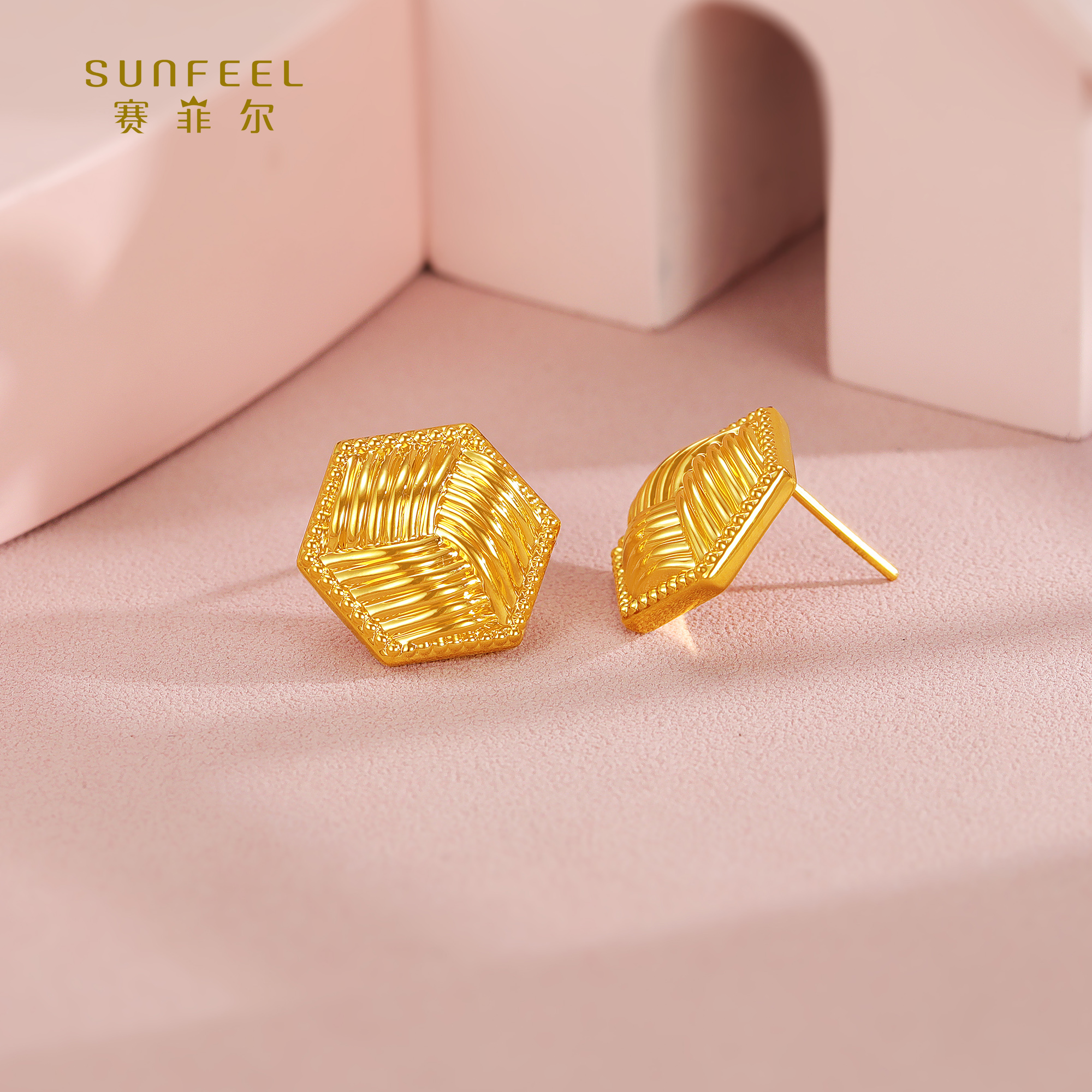 SUNFEEL/赛菲尔【十店】足金5D时尚几何编织直针耳钉5DE00217
