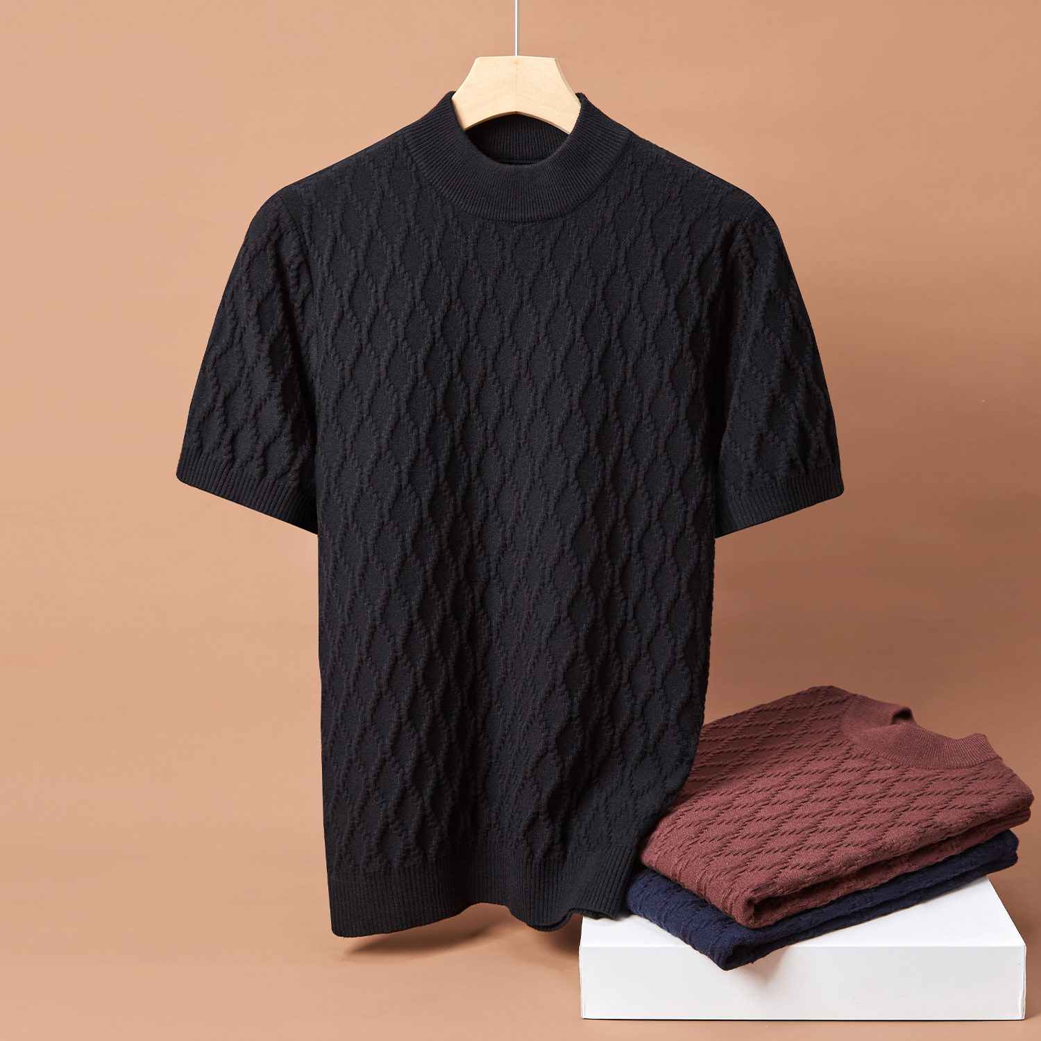 冬季短袖半高领针织毛衣针织衫百搭提花商务老钱风男装