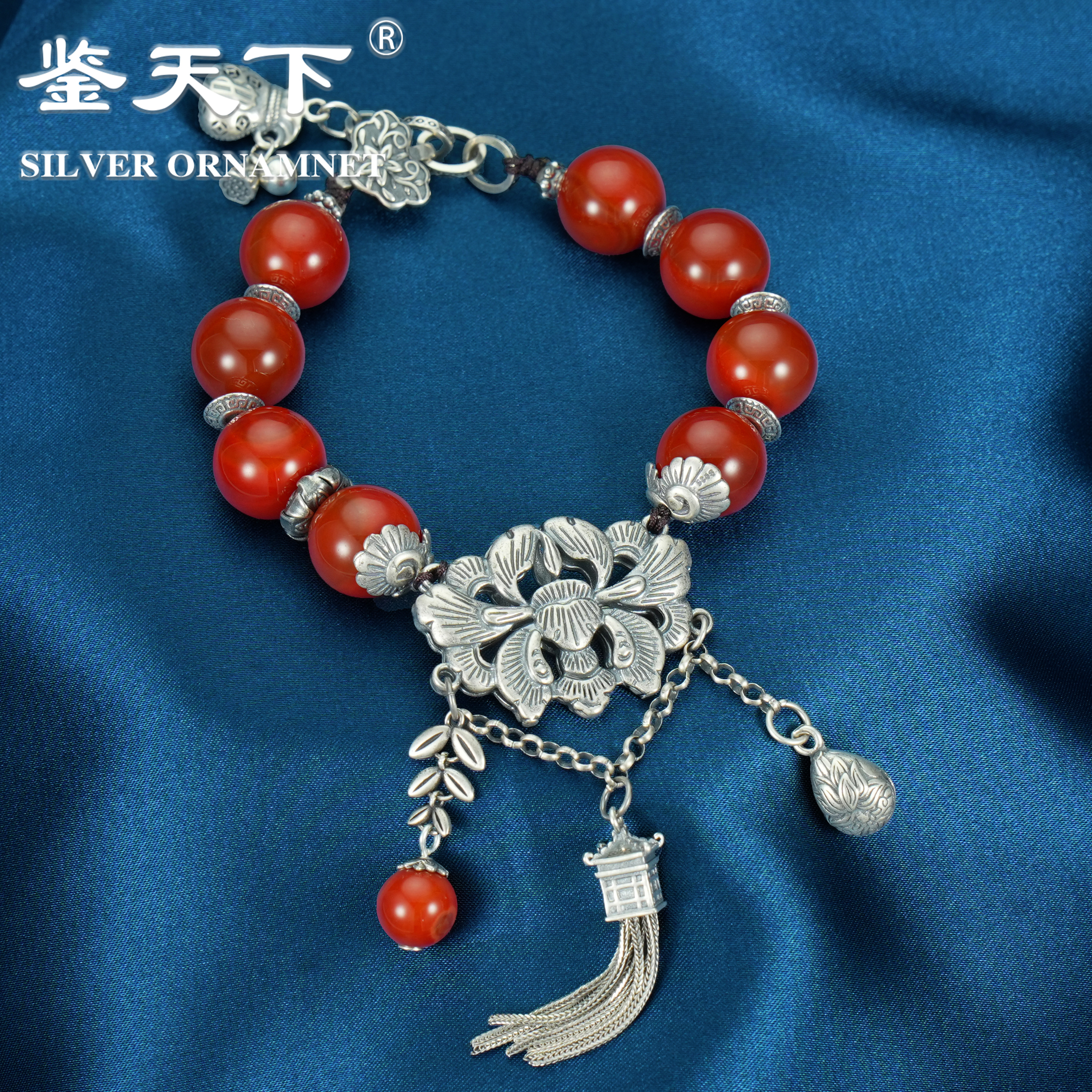 925银手链 [鉴天下]复古圆珠莲花铃铛流苏手链06600264百搭气质