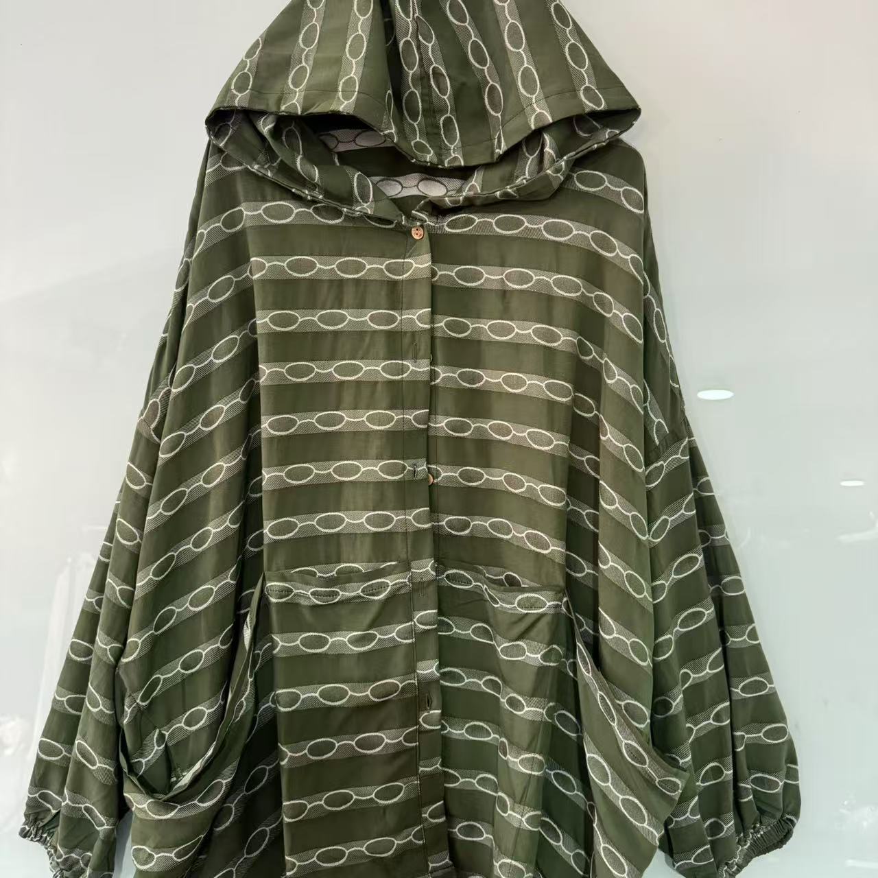 【沐木流浪记】抹茶绿白圆圈连帽四兜女装风衣外套z