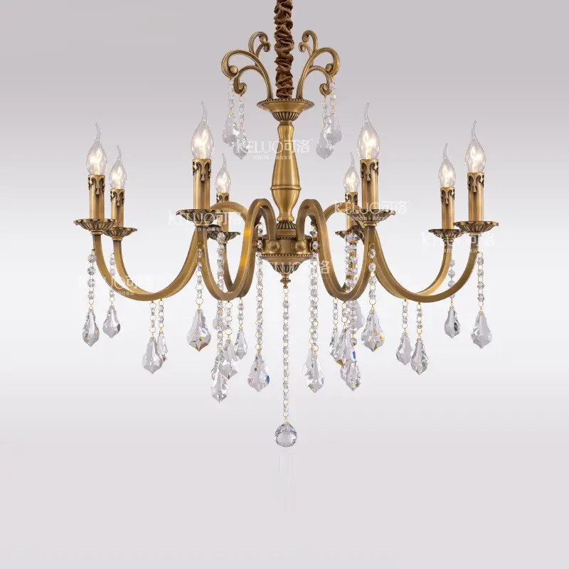 法式复古客厅水晶吊灯全铜高端美式蜡烛别墅怀旧风金色餐厅卧室灯