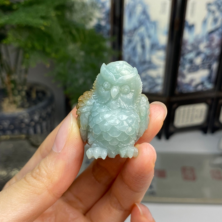 毛货 红翡俏色猫头鹰吊坠摆件 天然翡翠A货  