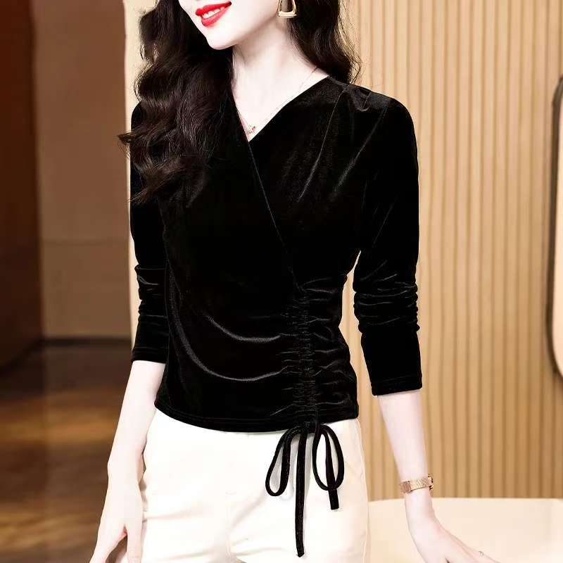 黑色V领金丝绒打底衫女长袖秋季新款高级感内搭小衫时髦洋气上衣