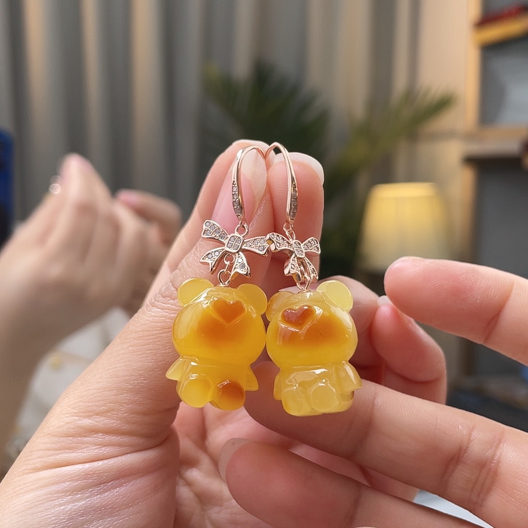琥珀裸石银S925镶嵌蜜蜡耳坠