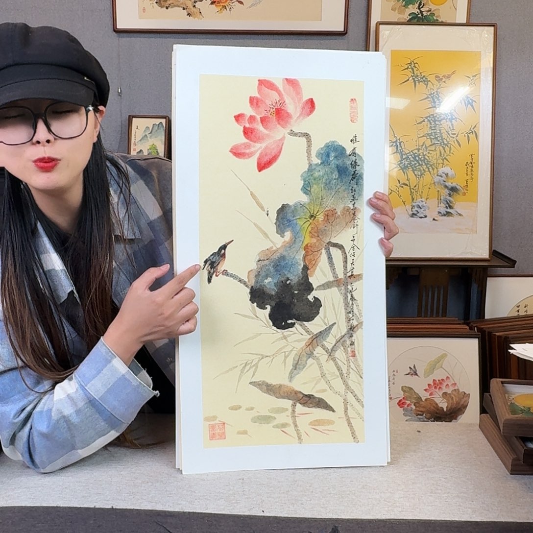 国画纯手绘，纯手写带框尺寸：36×69厘米