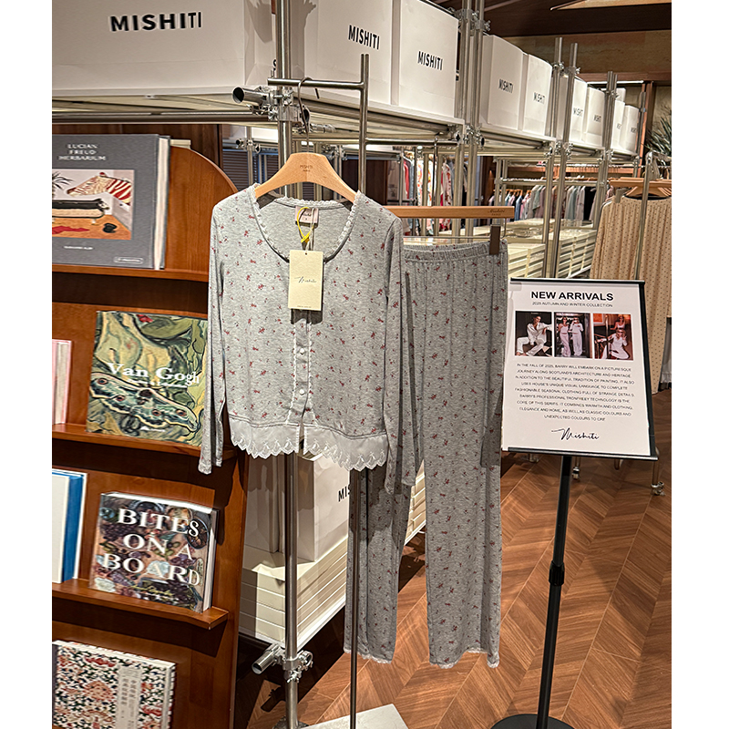 米诗缇【灰底小红花长袖长裤】小众潮牌时尚设计师可外穿睡衣家居服