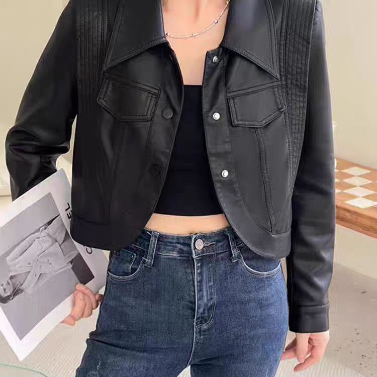 春季修身型翻领短款厚款标准皮衣春秋夹克洋气秋季