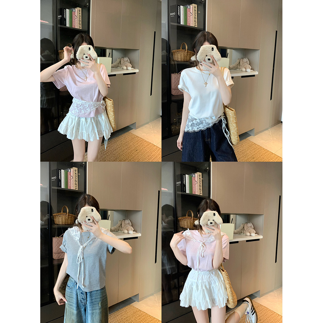 【梦梦】2025春季新款大码正肩显瘦短袖T恤设计感蕾丝绑带头巾上衣