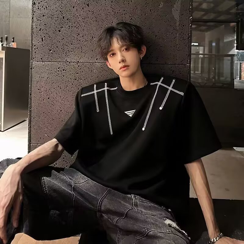 夏季新款垫肩短袖恤男宽松撞色线条感设计小众痞气