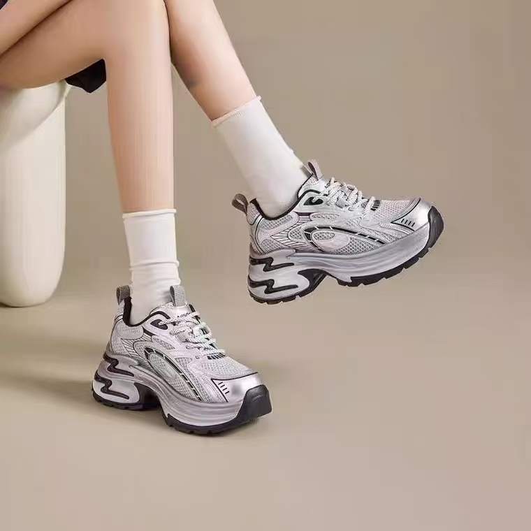 1-109银色老爹鞋女夏季轻便厚底小个子休闲运动鞋轻便软底超轻