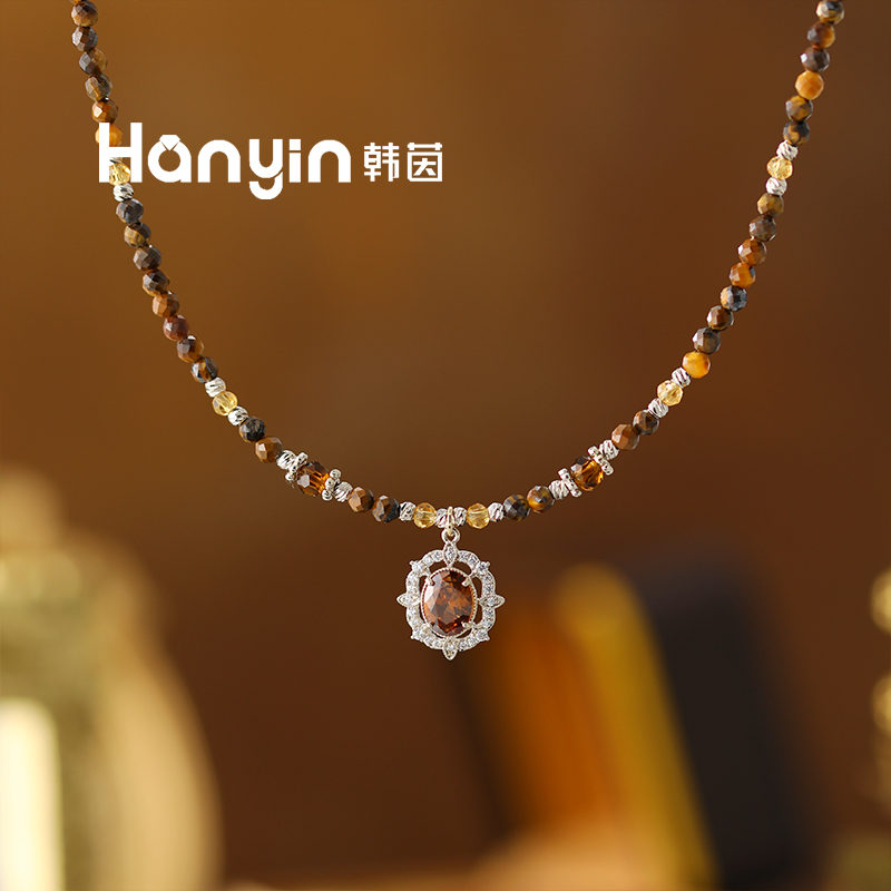 原创设计木变石虎眼石黄水晶尖晶石流苏四爪茶晶椭圆几何项链