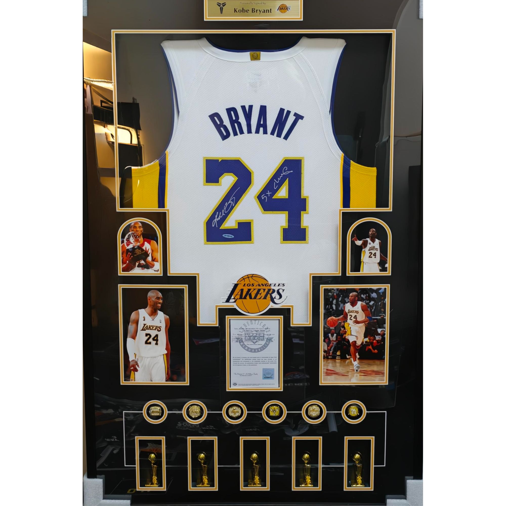 现货科比五冠奖杯六戒指球员版亲签＋铭文签球衣uda认证篮球