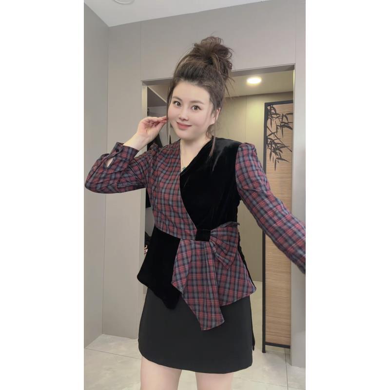 【婷婷】2025冬季新款时尚洋气显瘦百搭拼接格子上衣