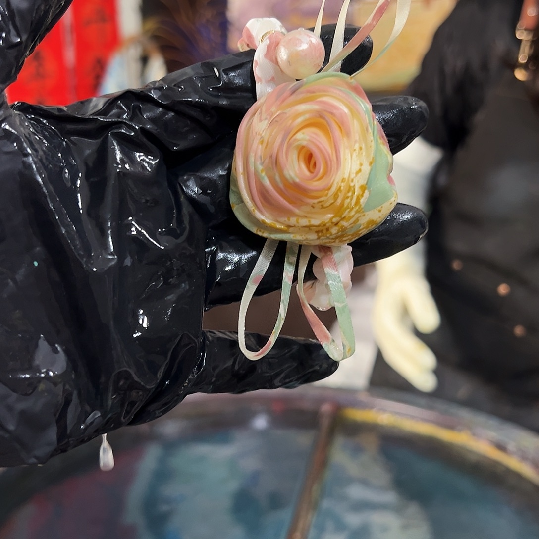 766玫瑰发圈粉绿金